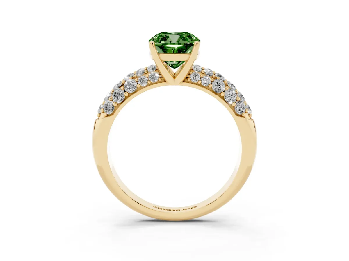 Fancy Green Cushion Cut Diamond Pavé Band Solitaire Ring with Four-Prong Setting Yellow gold