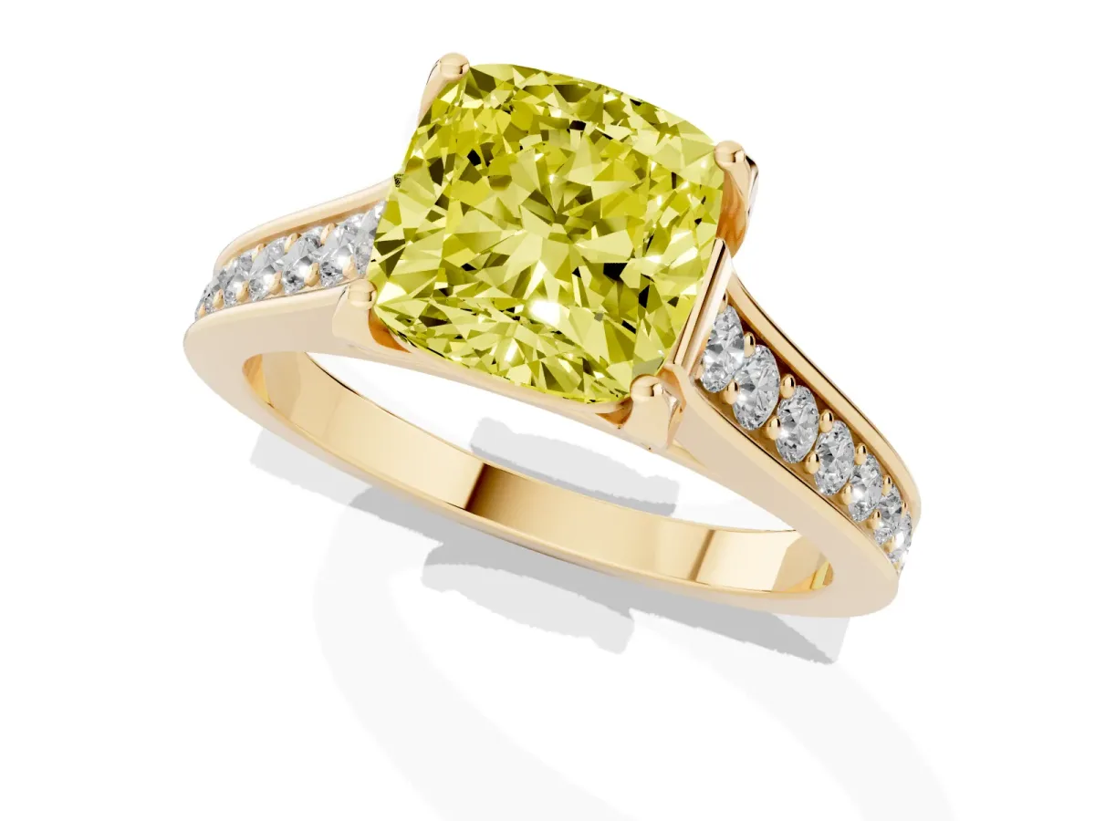 Fancy Yellow Cushion Cut Brilliant Cut Diamond Engagement Ring with Pavé Band and Four-Prong Setting Yellow gold