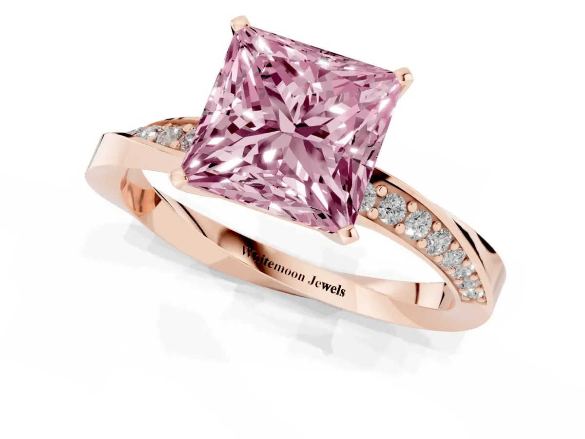 Fancy Pink Princess Cut Diamond Engagement Ring with Side Stone Accents and Four-Prong Setting Rose gold