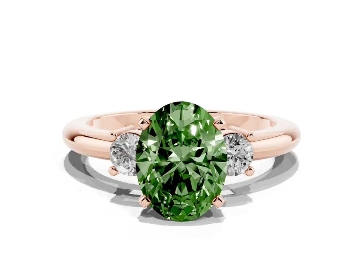 Fancy Green Three-Stone Oval Cut Cut Diamond Solitaire with Prong Setting and Classic Band Rose gold