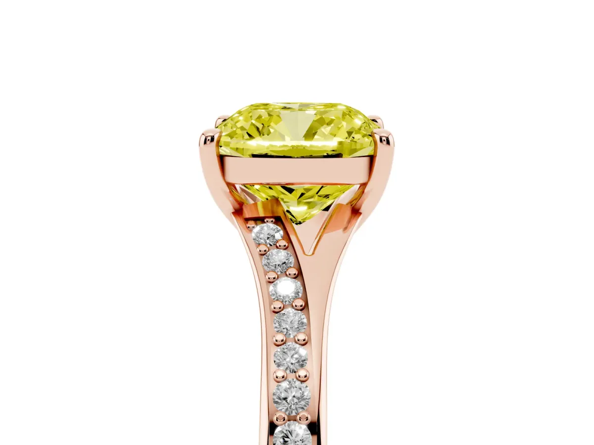 Fancy Yellow Cushion Cut Diamond Solitaire Ring with Pavé Band and Prong Setting Rose gold