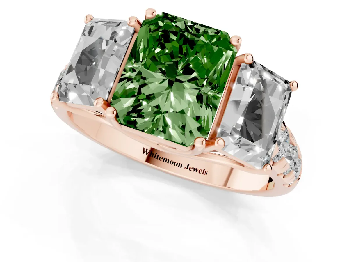Fancy Green Three-Stone Radiant Cut Diamond Pavé Band with Prong Setting Rose gold