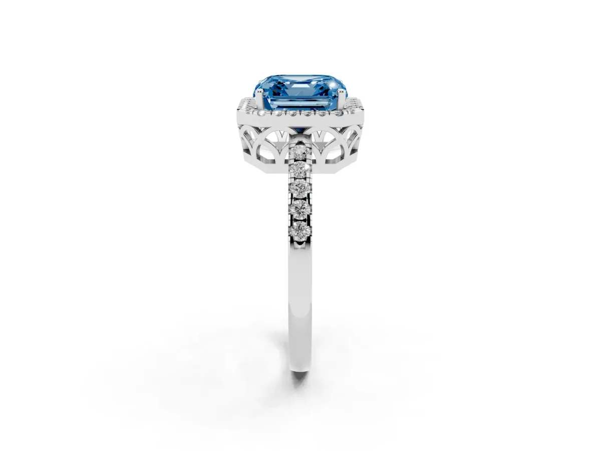 Fancy Blue Asscher Cut Halo Diamond Engagement Ring with Pavé Band and Four-Prong Setting Platinum
