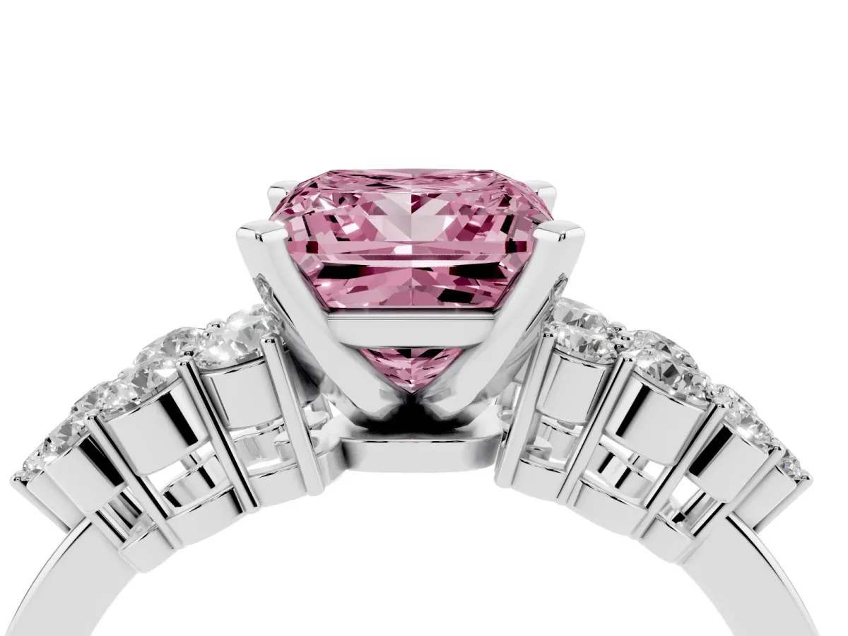 Fancy Pink Princess Cut Cluster Diamond Engagement Ring with Pavé Band and Four-Prong Setting Silver