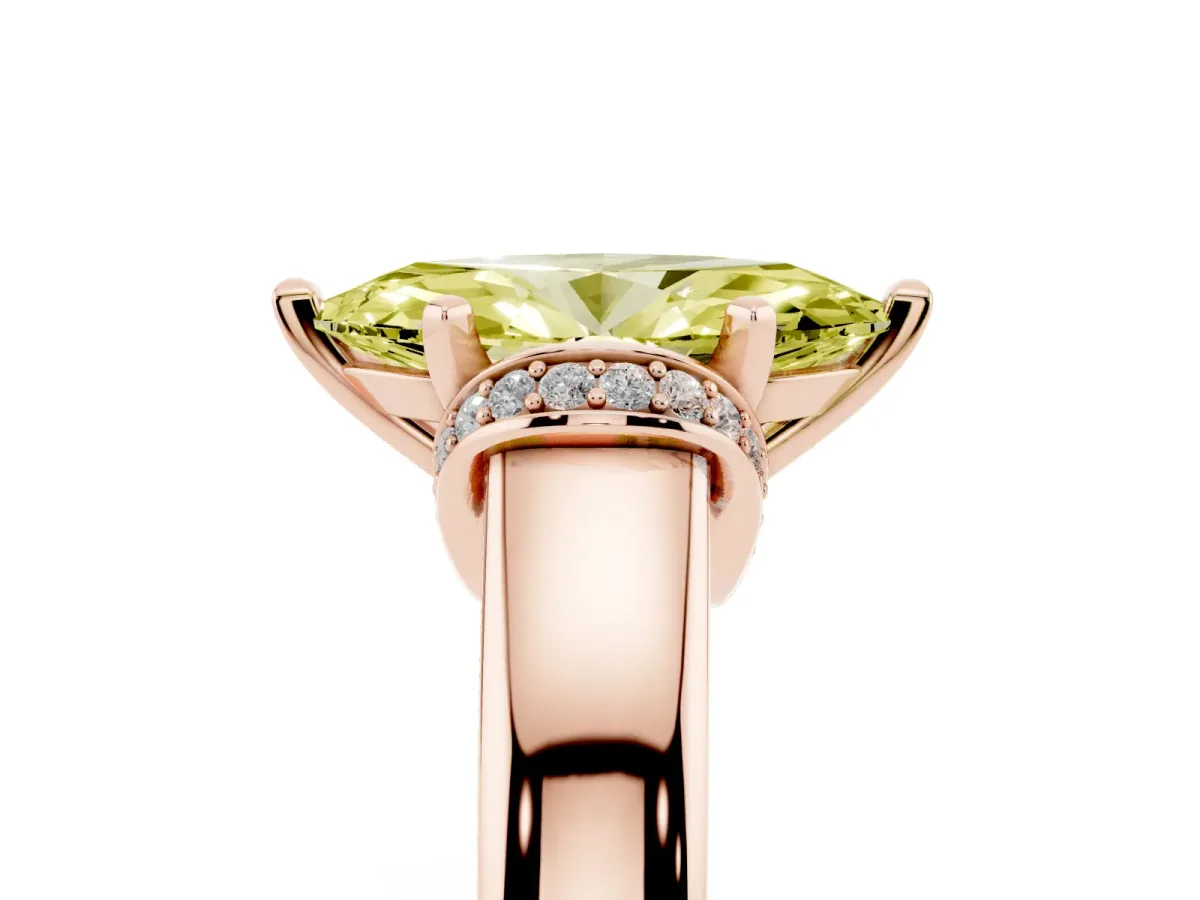 Fancy Yellow Marquise Cut Solitaire Diamond Ring with Pave Band and Six-Prong Setting Rose gold