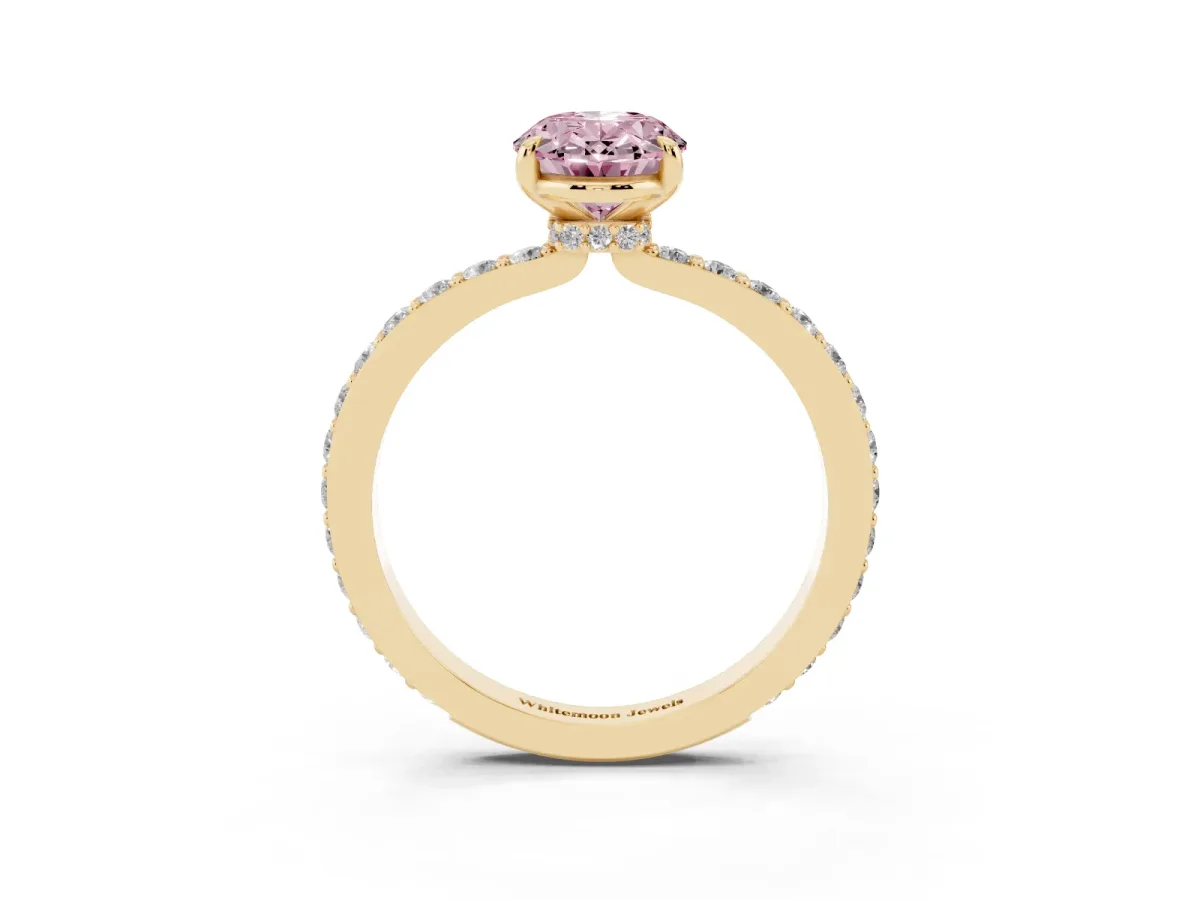 Fancy Pink Oval Cut Diamond Pavé Engagement Ring with Round Accents and Prong Setting Yellow gold