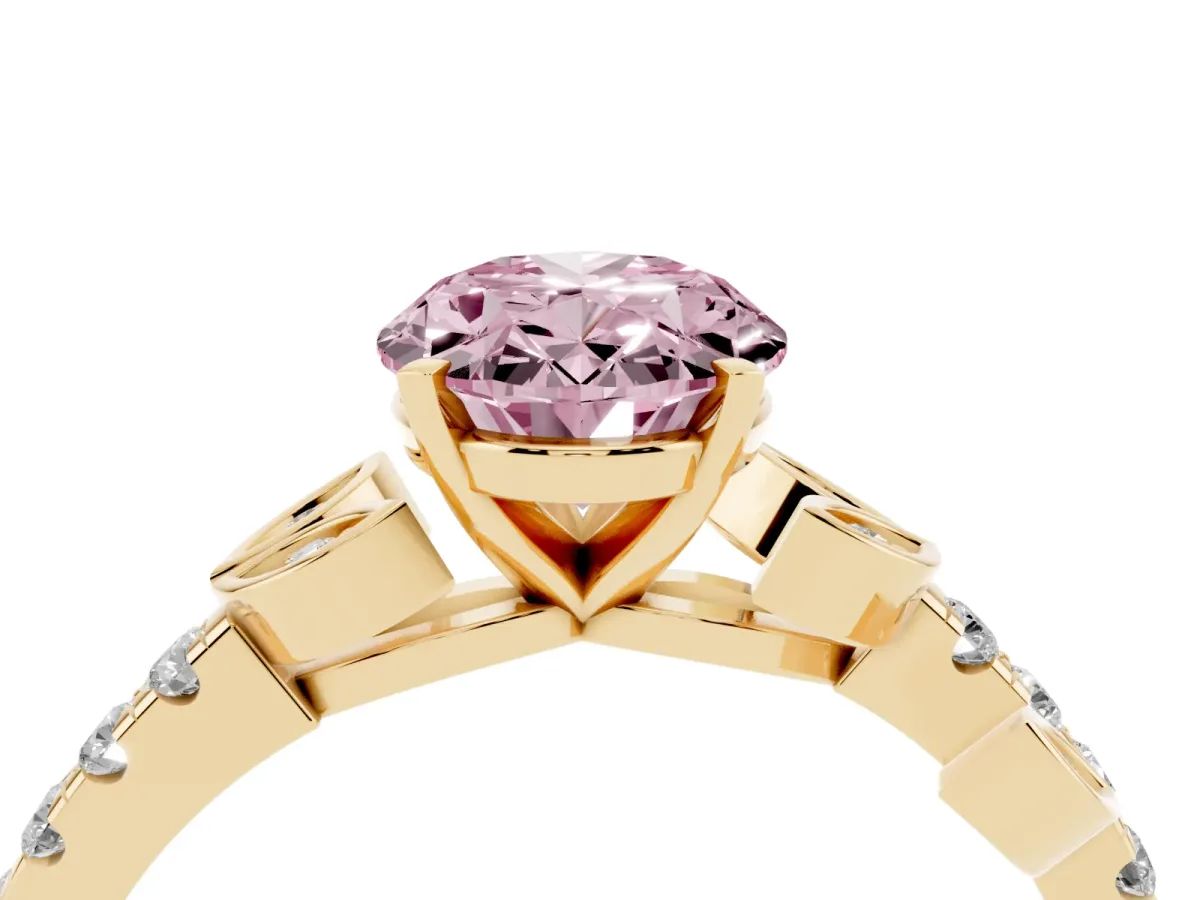 Fancy Pink Oval Cut Solitaire Leaf-Inspired Diamond Ring with Pavé Band and Four-Prong Setting Yellow gold
