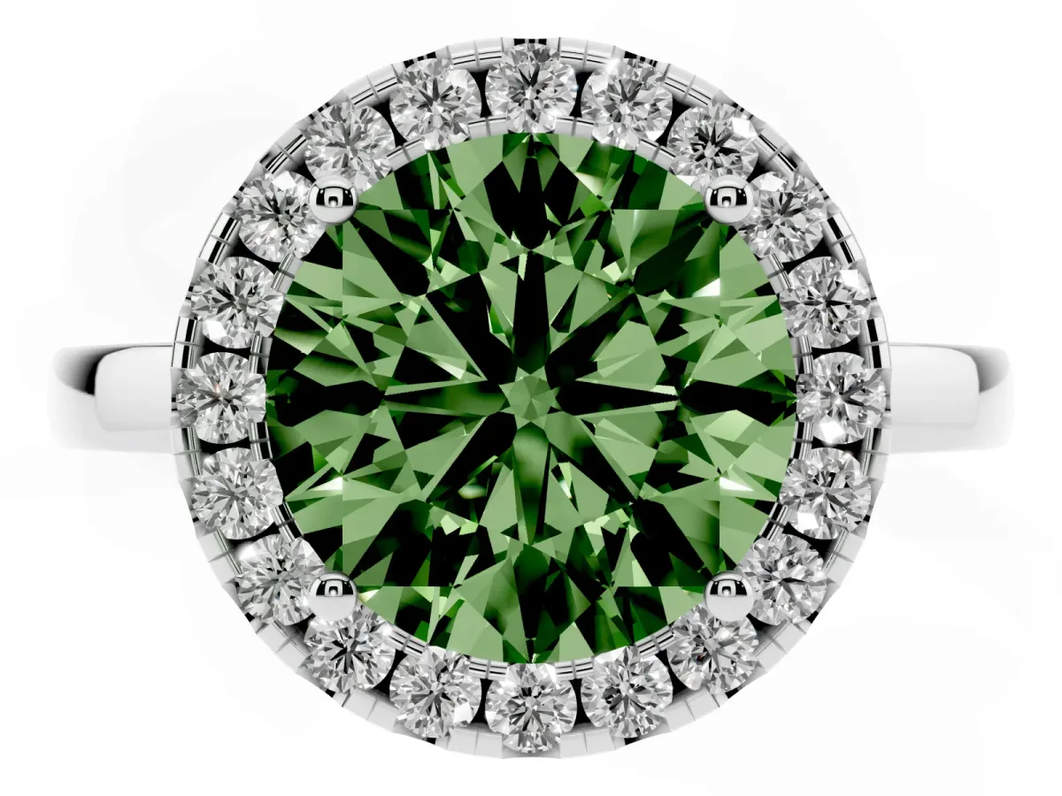 Fancy Green Round Cut Halo Diamond Solitaire with Pavé Band and Four-Prong Setting White gold