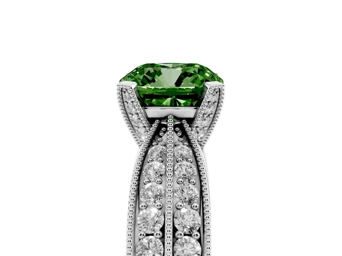 Fancy Green Cushion Cut Diamond Solitaire Ring with Milgrain Round Pavé Band and Prong Setting Silver