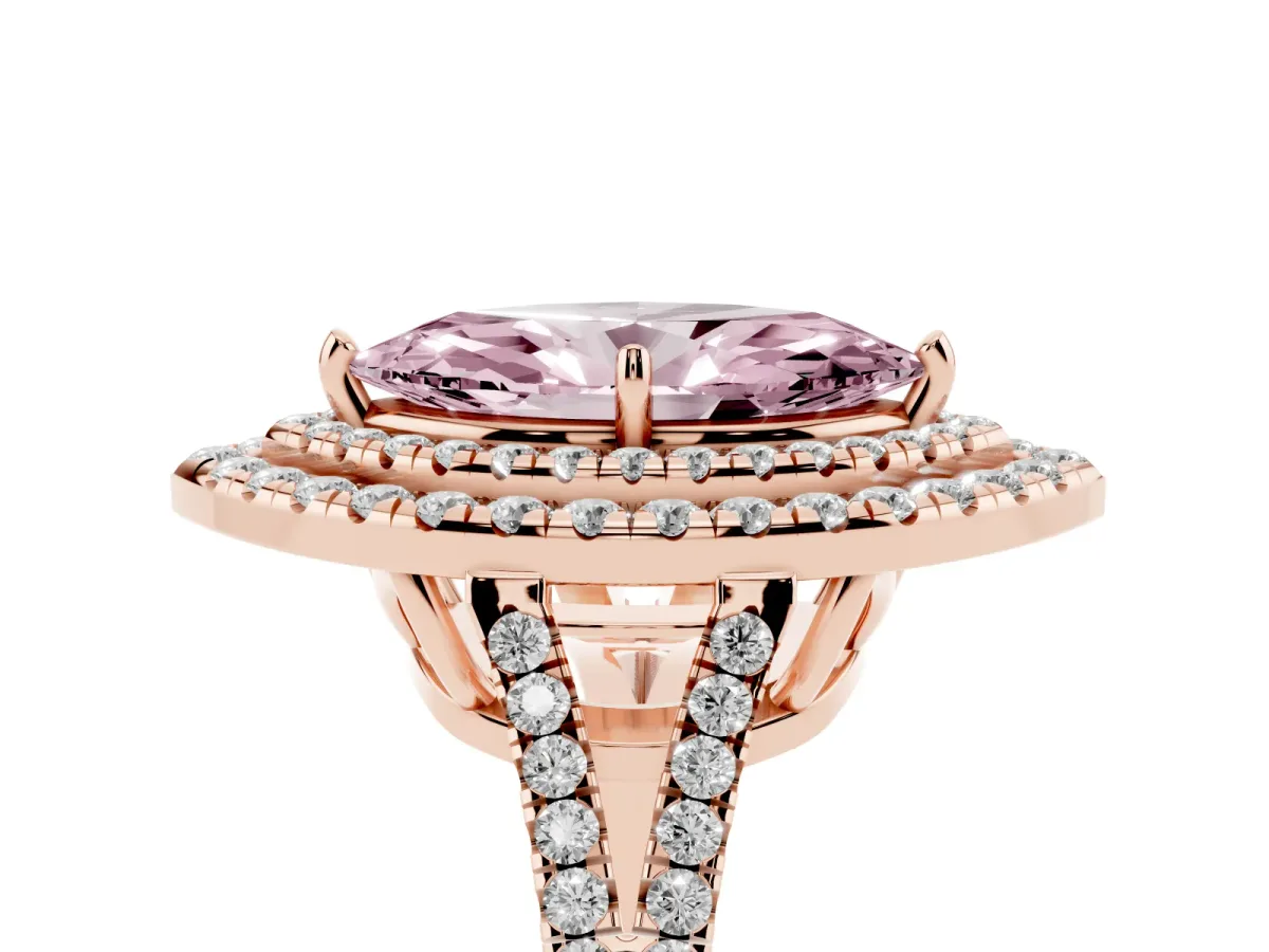 Fancy Pink Marquise Cut Diamond Double Halo Ring with Pavé Band and Prong Setting Rose gold