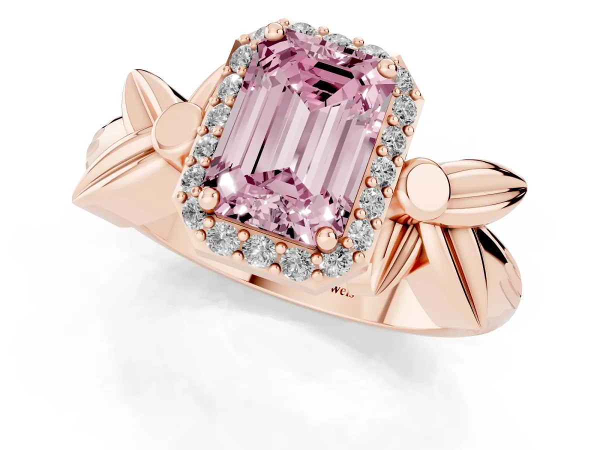 Fancy Pink Emerald Cut Halo Diamond Floral Band with Four-Prong Setting Rose gold