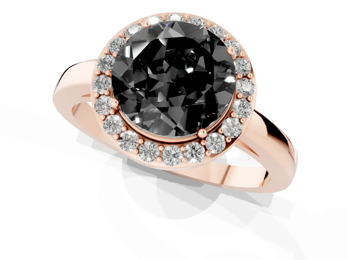 Fancy Black Round Cut Halo Diamond Ring with Solitaire Band and Prong Setting Rose gold