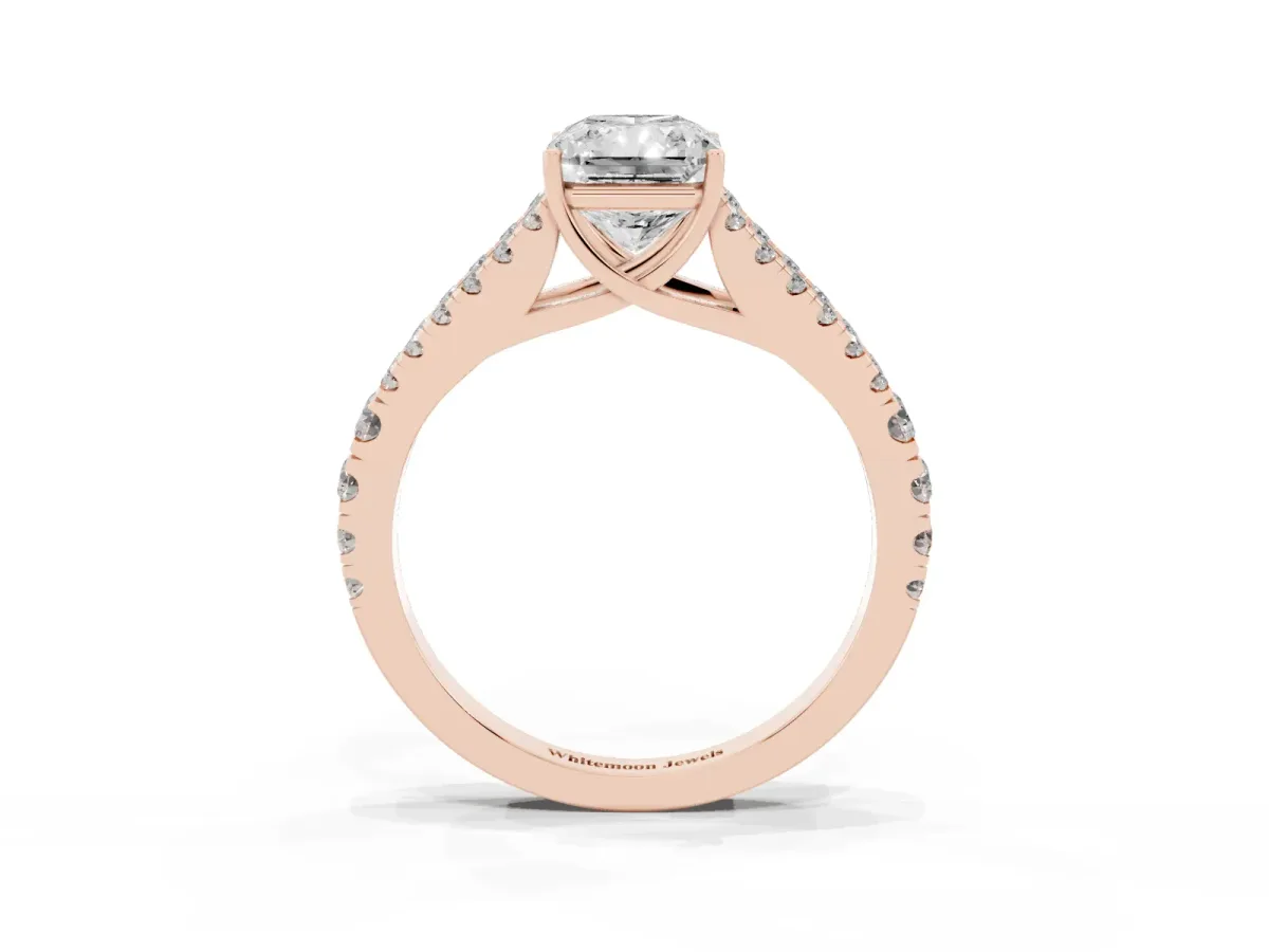 Radiant Cut Diamond Split Shank Pavé Engagement Ring with Four-Prong Setting Rose gold