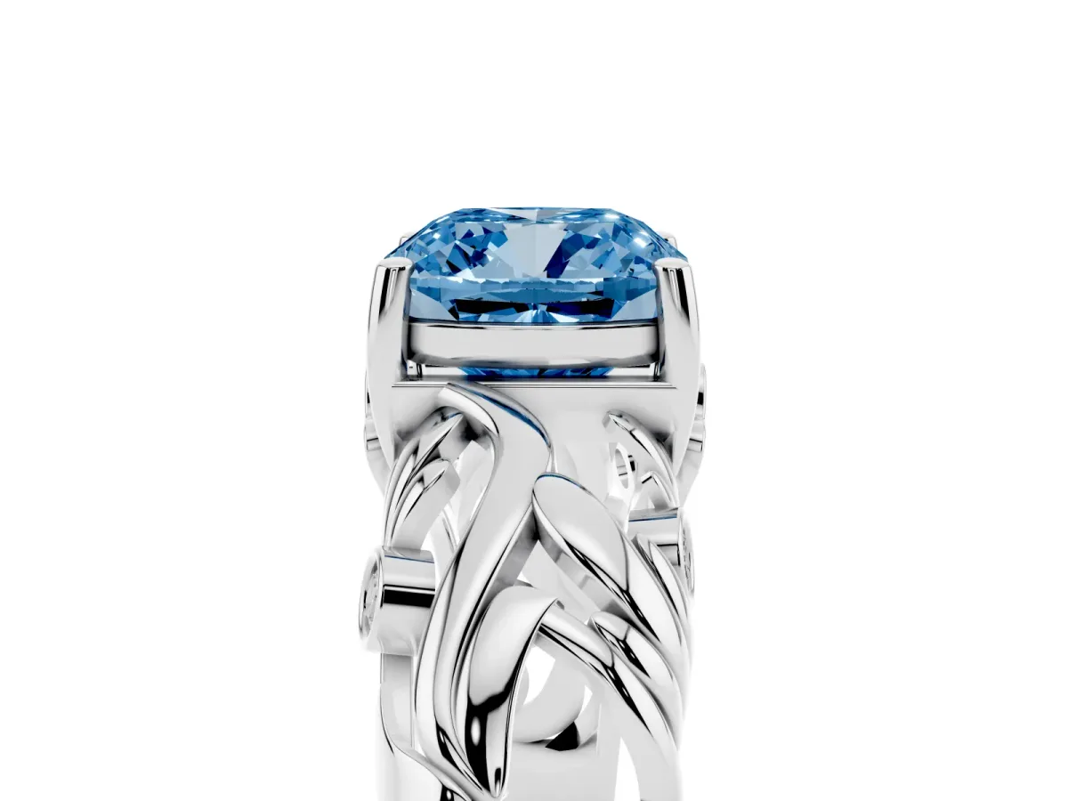 Fancy Blue Cushion Cut Solitaire Diamond Leaf-Inspired Vine Band Ring with Prong Setting Silver