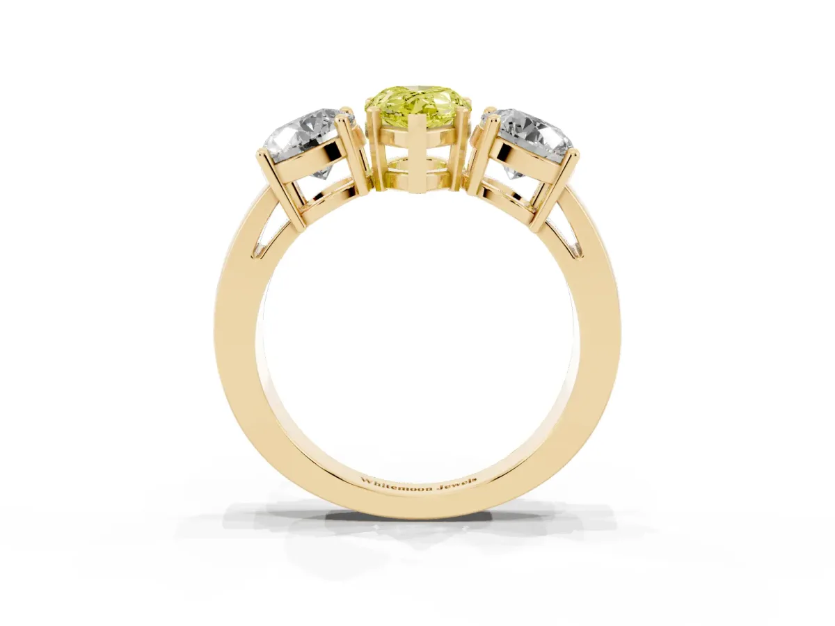 Fancy Yellow Three-Stone Pear Cut Diamond Ring with Round Side Stones, Classic Band, and Four-Prong Setting Yellow gold