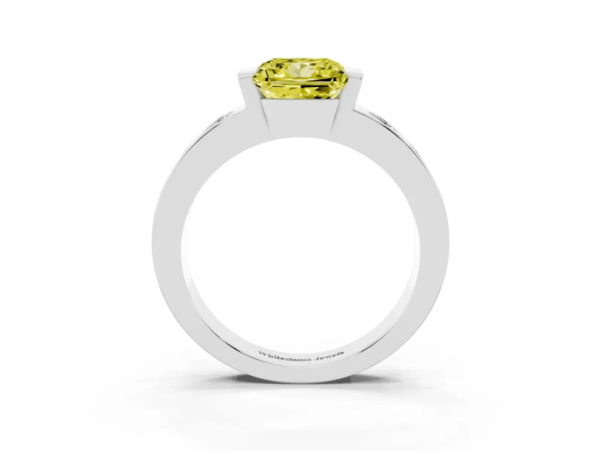 Fancy Yellow Princess Cut Brilliant Channel-Set Diamond Ring with Bezel Prong Setting Silver