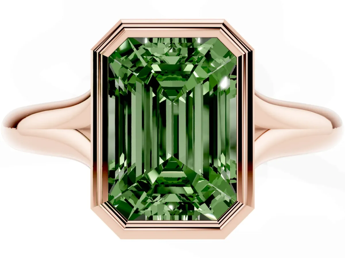 Fancy Green Bezel Set Emerald Cut Solitaire Diamond Ring with Smooth Band Rose gold