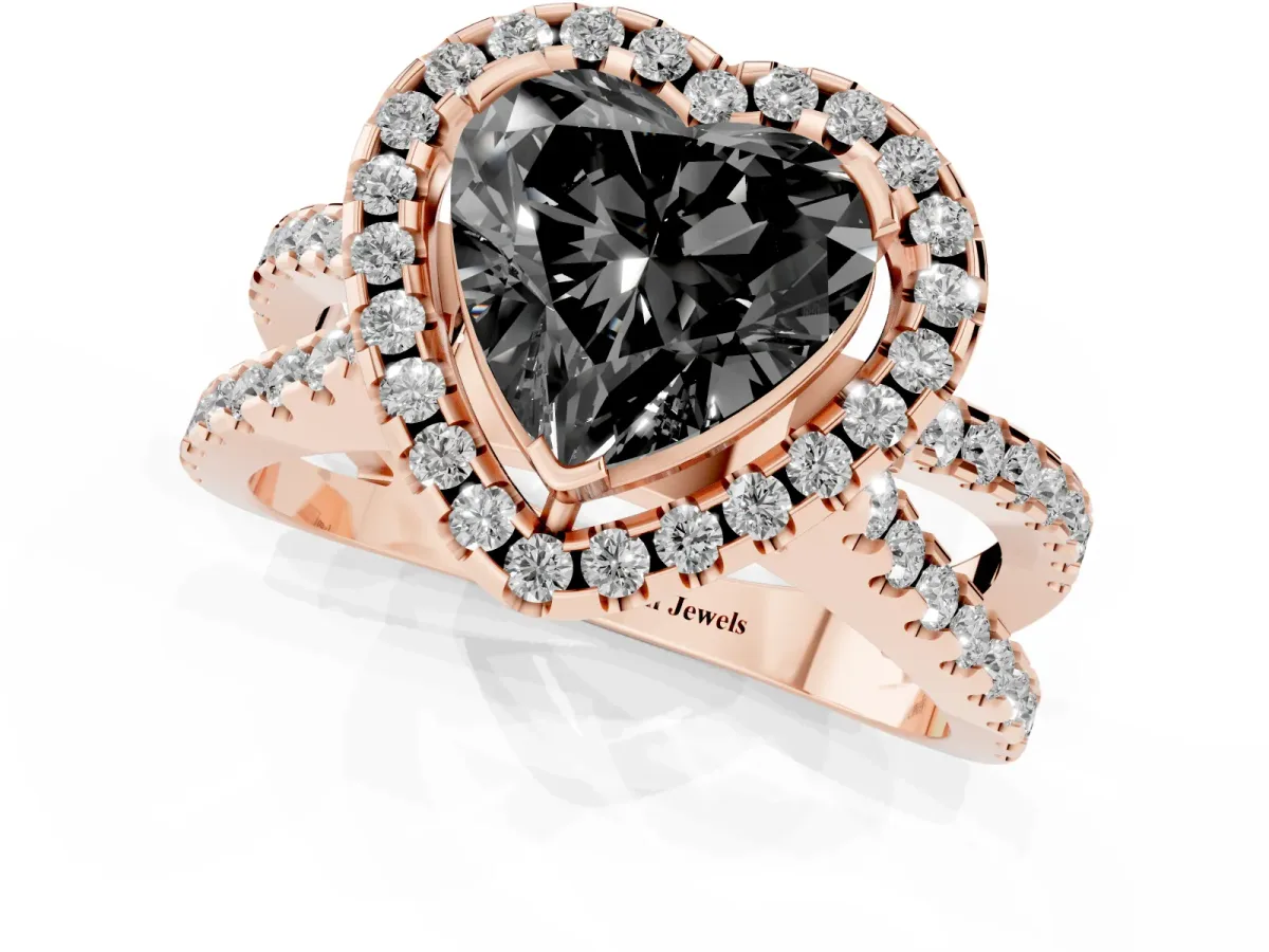 Fancy Black Heart Cut Diamond Halo Ring with Split Shank Pavé Band and Prong Setting Rose gold