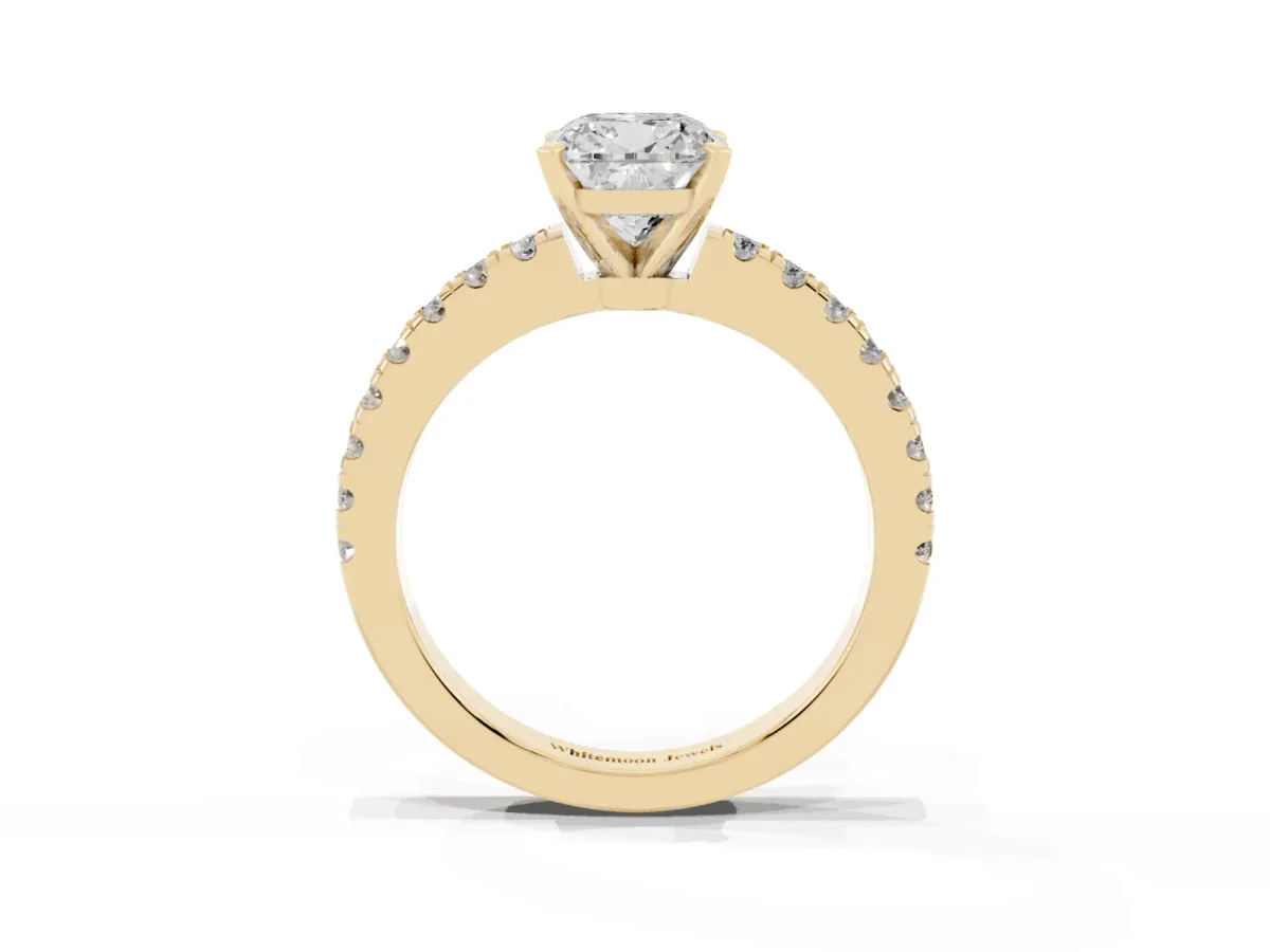 Cushion Cut Solitaire Diamond with Pavé Band and Four-Prong Setting Yellow gold