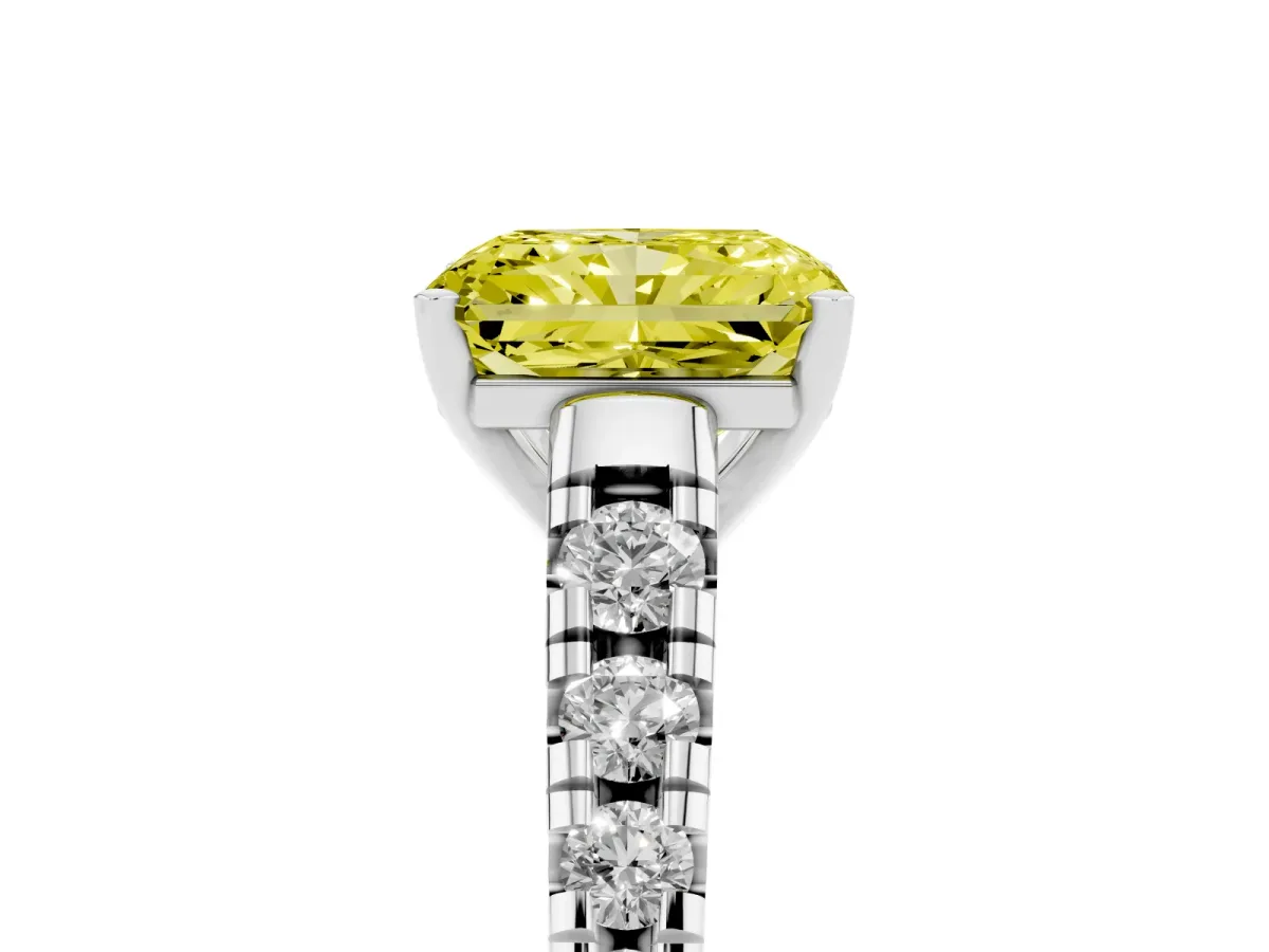 Fancy Yellow Radiant Cut Diamond Cathedral Solitaire Ring with Round Pavé Band Silver