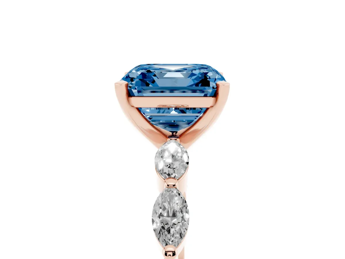 Fancy Blue Asscher Cut Diamond Ring with Marquise Side Stones and Prong Setting Rose gold