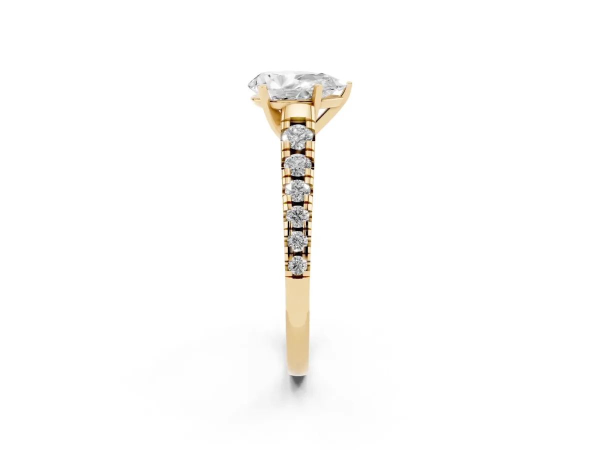 Pear Cut Diamond Cathedral Solitaire Ring with Round Pavé Band Yellow gold