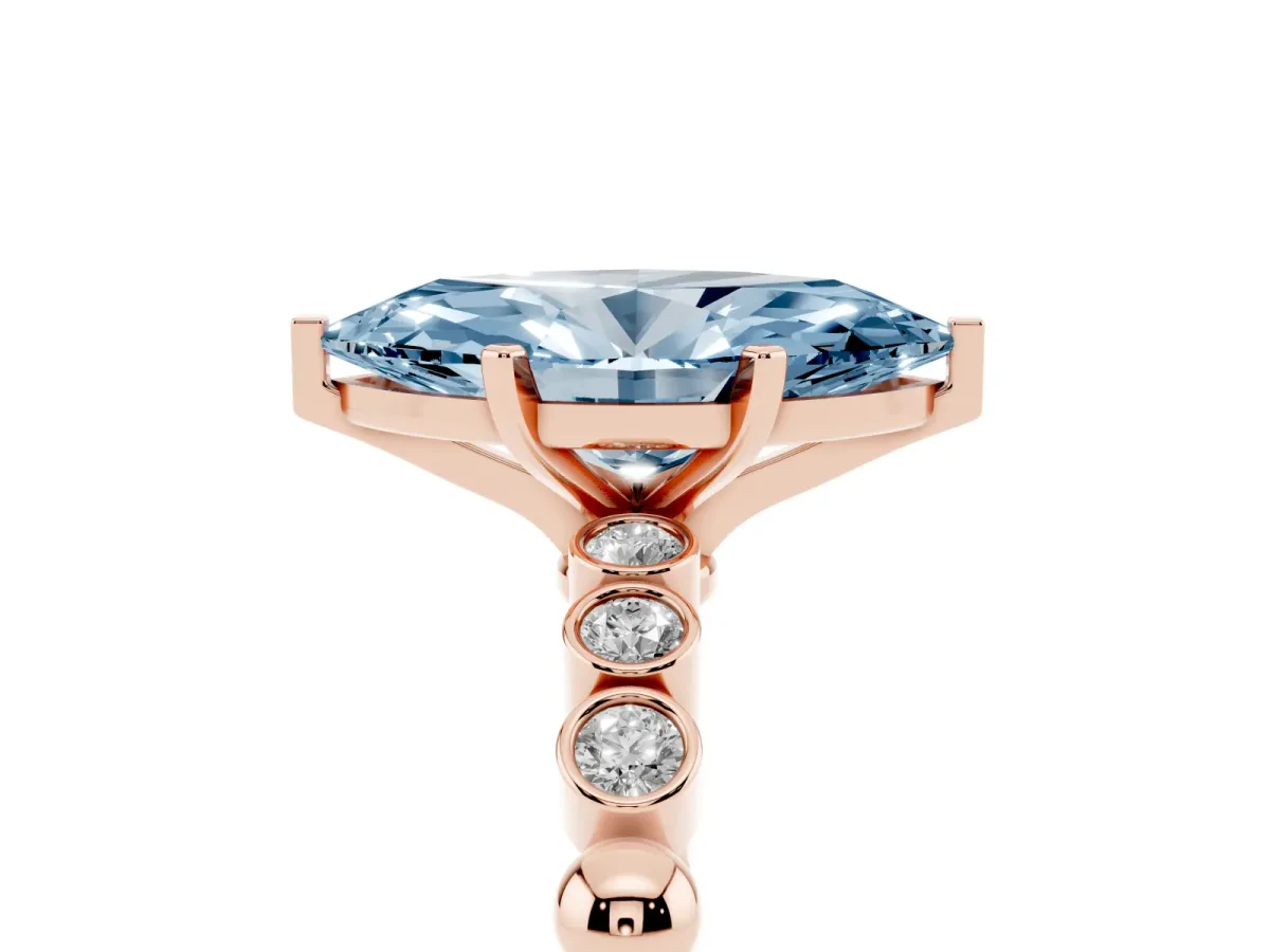 Fancy Blue Marquise Cut Solitaire Bezel Accent Diamond Engagement Ring with Beaded Band and Four-Prong Setting Rose gold