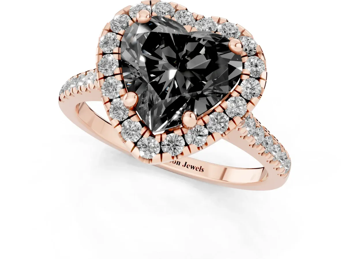 Fancy Black Heart Cut Diamond Cushion Halo Ring with Pavé Band Rose gold