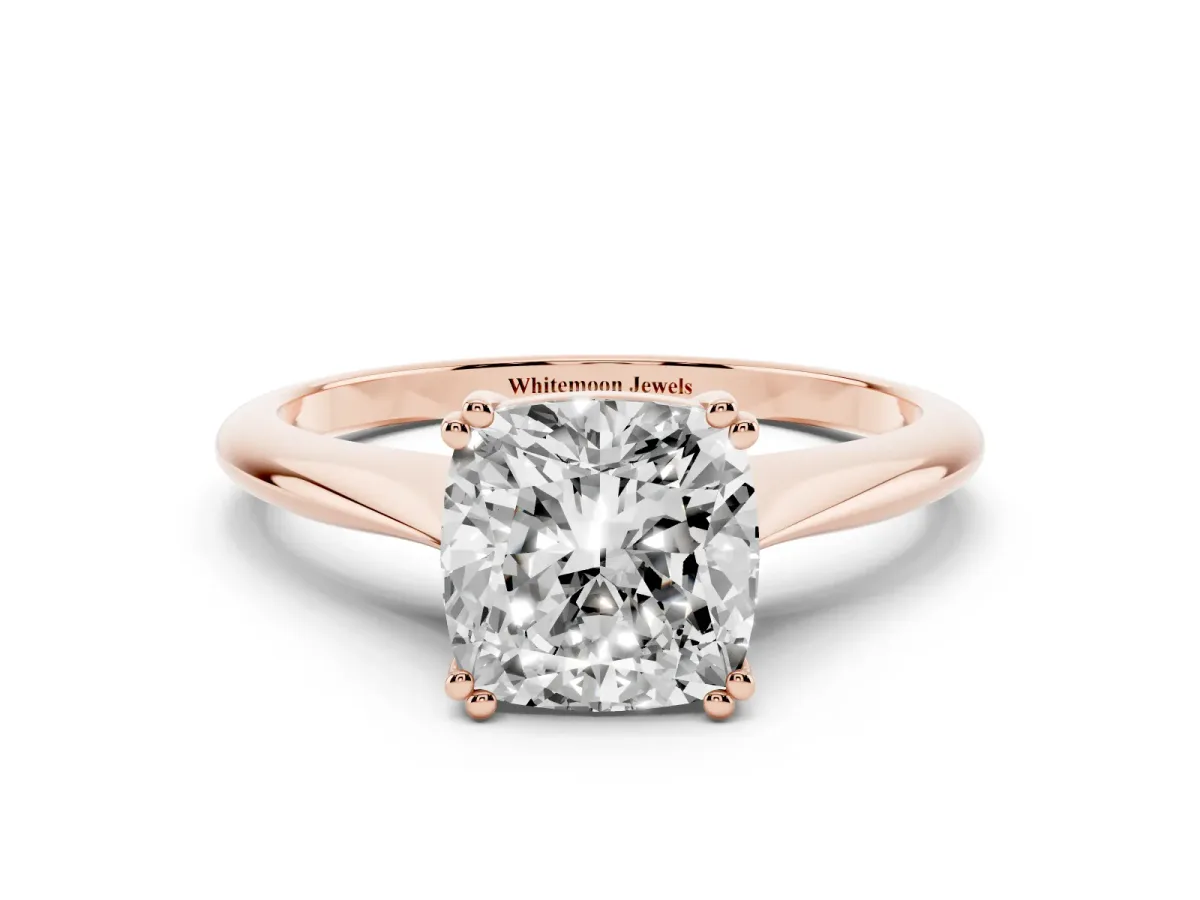 Cushion Cut Solitaire Diamond Ring with Six-Prong Setting and Classic Band Rose gold