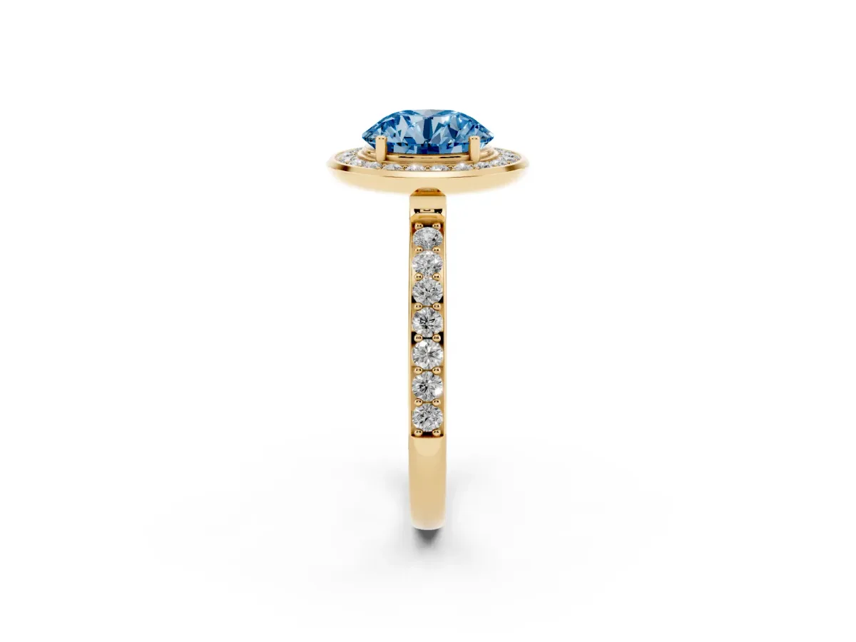 Fancy Blue Round Cut Diamond Halo Ring with Bezel Frame and Pavé Band Yellow gold