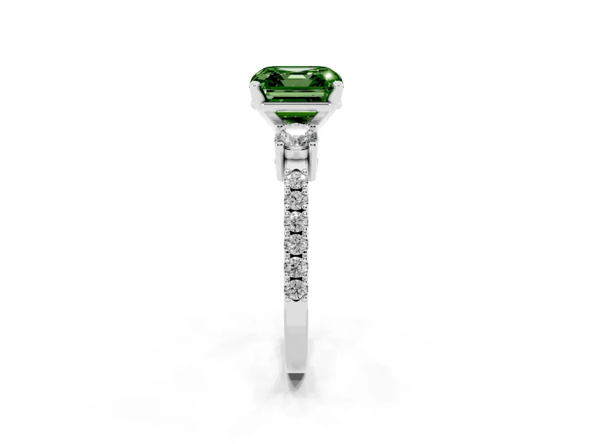 Fancy Green Asscher Cut Three-Stone Diamond Pavé Band with Prong Setting Silver