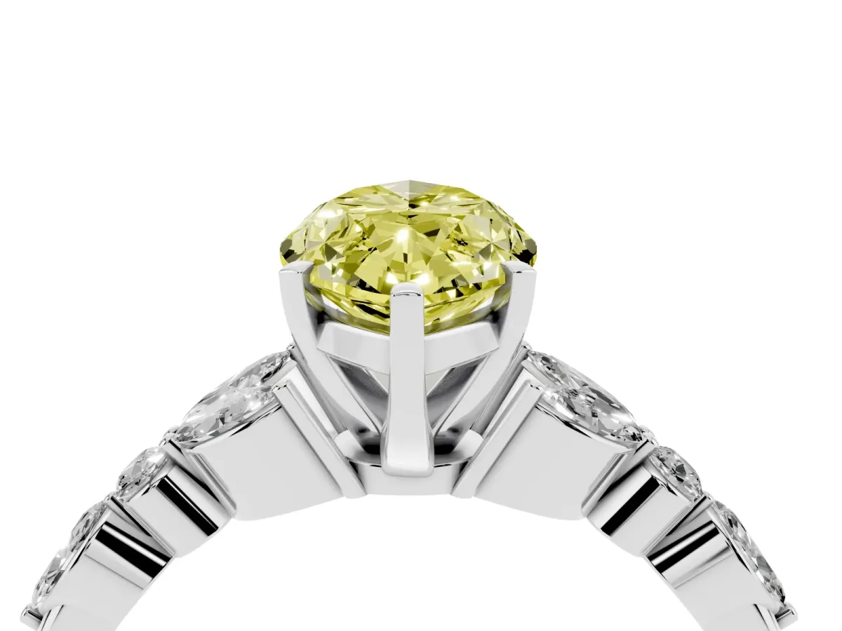 Fancy Yellow Marquise Cut Diamond Solitaire Ring with Side Stones and Four-Prong Setting Silver