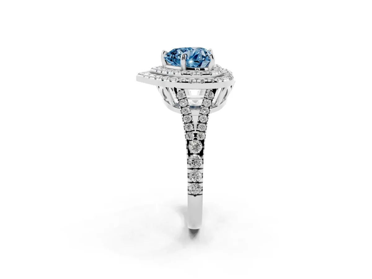 Fancy Blue Heart Cut Diamond Double Halo Ring with Pavé Band and Prong Setting Silver