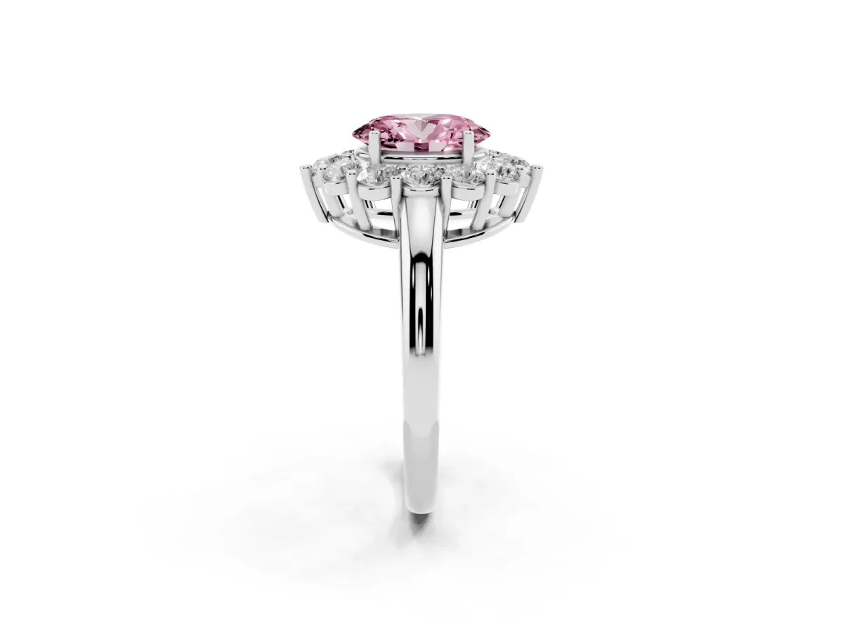 Fancy Pink Oval Cut Halo Cluster Diamond Engagement Ring with Prong Setting and Polished Band Platinum
