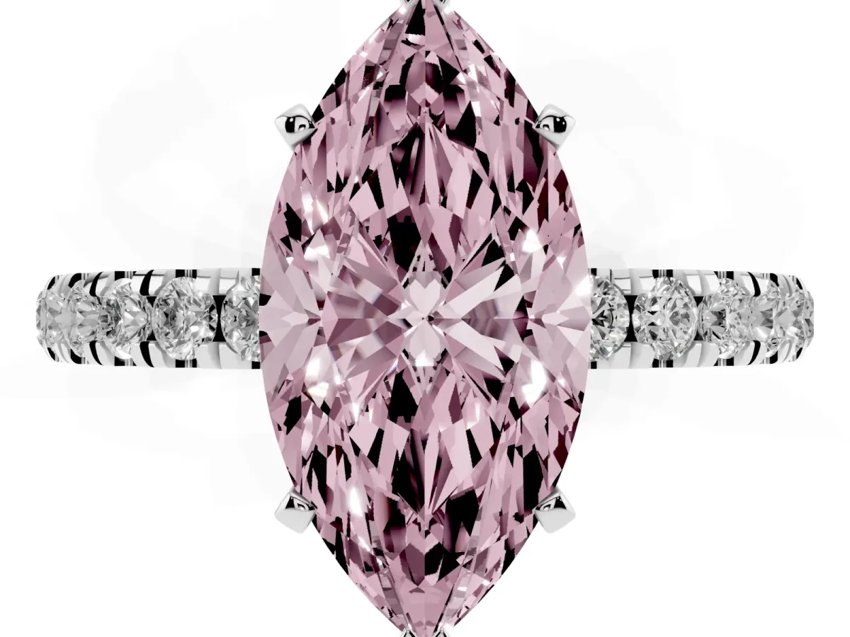 Fancy Pink Marquise Cut Diamond Solitaire Ring with Pavé Accents and Four-Prong Setting Silver
