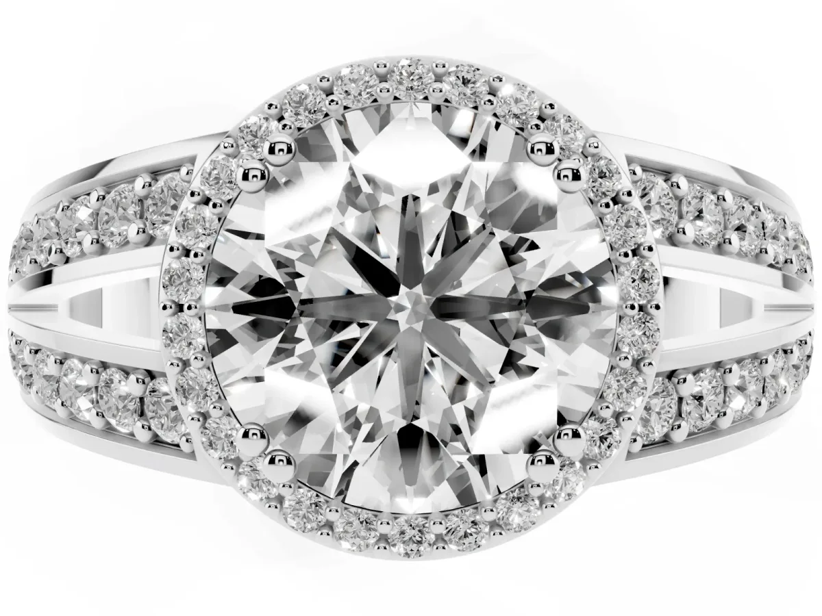 Round Cut Diamond Halo Ring with Split Shank Pavé Band and Four-Prong Setting Platinum