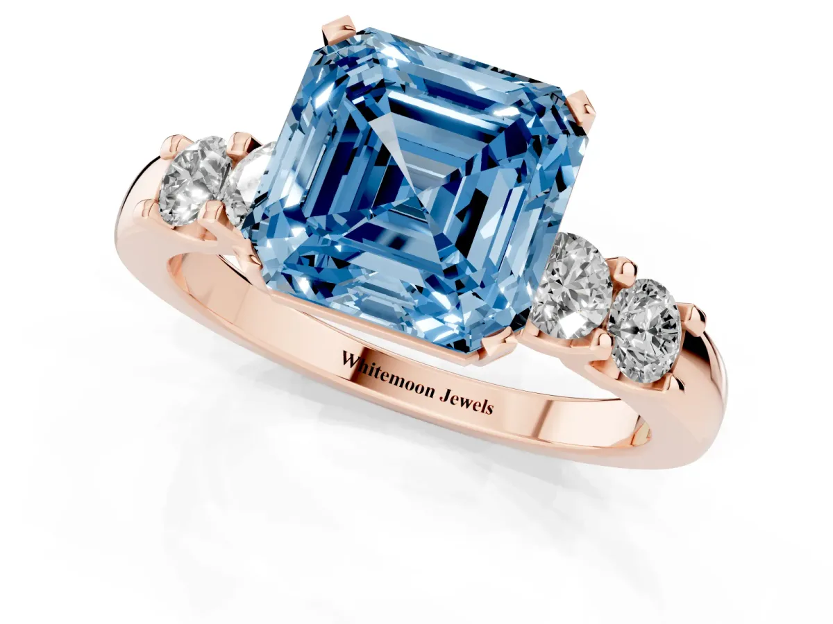 Fancy Blue Asscher Cut Brilliant Cut Diamond Five-Stone Prong Set Engagement Ring with Channel Band Rose gold