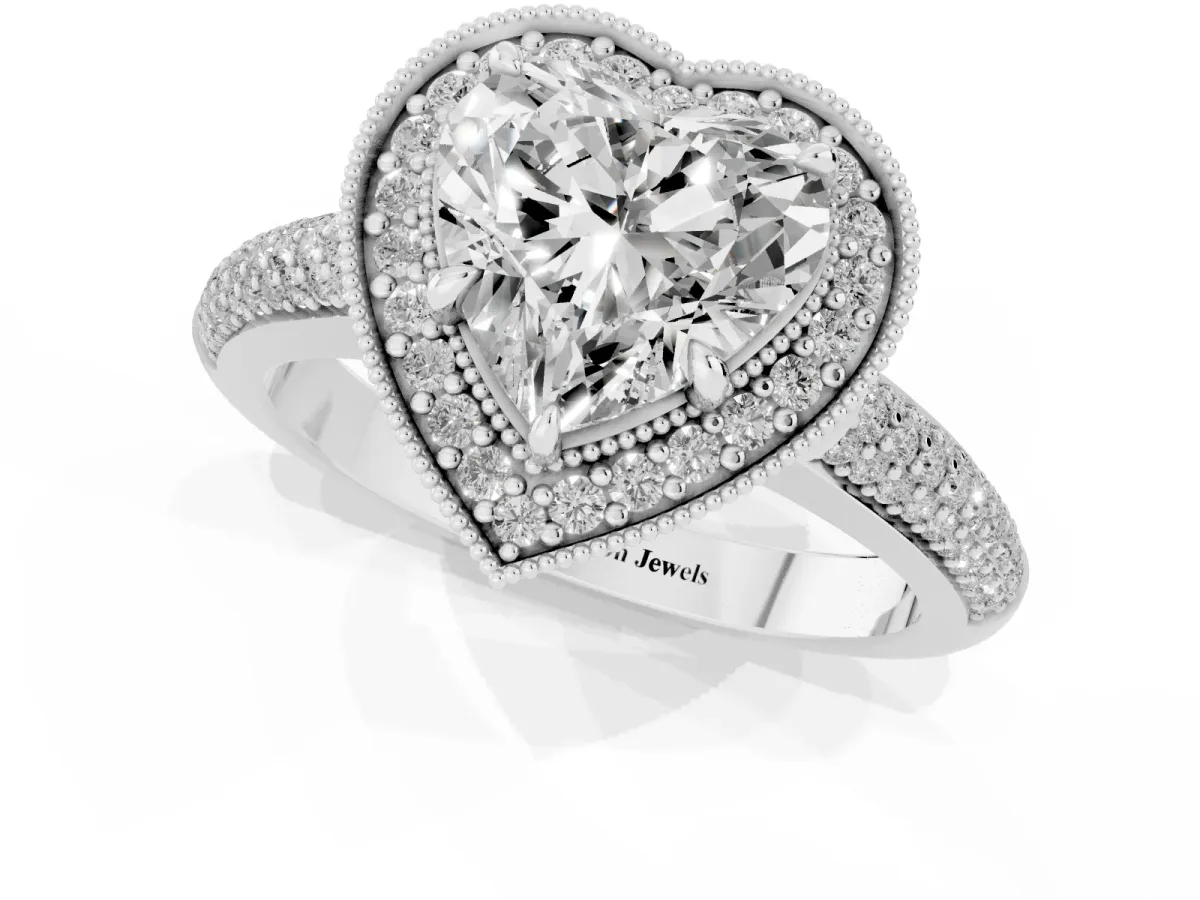 Heart Cut Cut Halo Diamond Pave Band with Four-Prong Setting Silver