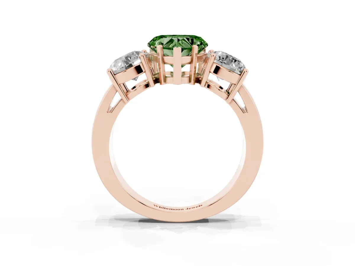 Fancy Green Three-Stone Heart Cut Diamond Ring with Round Side Stones, Classic Band, and Four-Prong Setting Rose gold