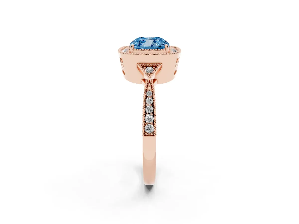 Fancy Blue Cushion Cut Halo Round Diamond Milgrain Pave Engagement Ring Rose gold