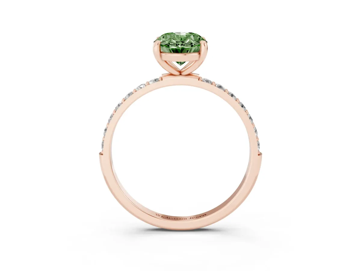 Fancy Green Oval Cut Diamond Solitaire Ring with Round Pavé Band and Prong Setting Rose gold