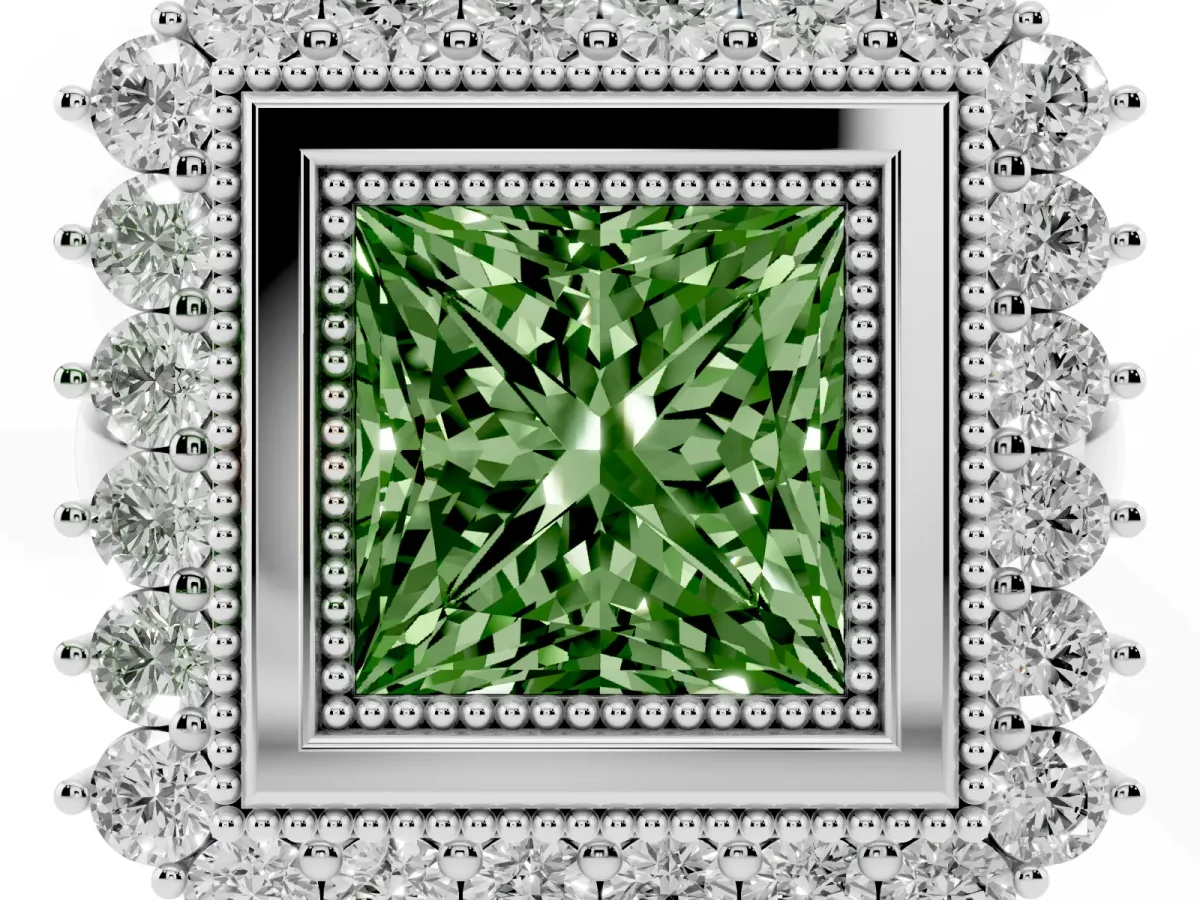 Fancy Green Princess Cut Halo Diamond Ring with Milgrain Edge and Round Prong Setting Silver