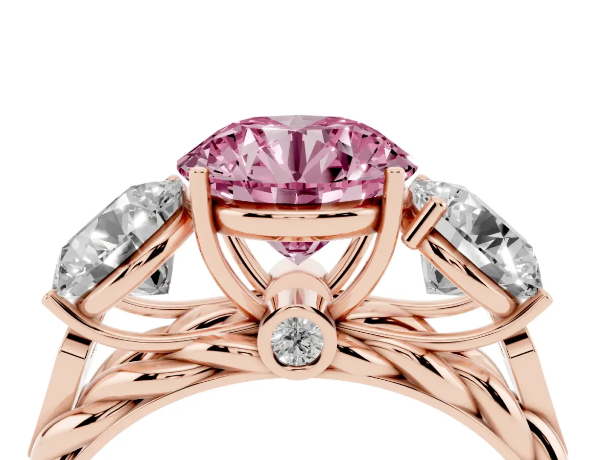 Fancy Pink Three-Stone Round Cut Diamond Braided Band Ring with Four-Prong Setting Rose gold