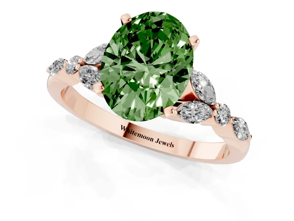 Fancy Green Oval Cut Diamond Solitaire Ring with Side Stones and Four-Prong Setting Rose gold
