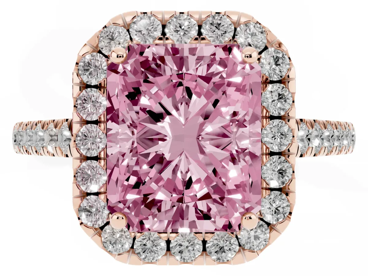 Fancy Pink Radiant Cut Halo Pavé Diamond Engagement Ring with Four-Prong Setting Rose gold