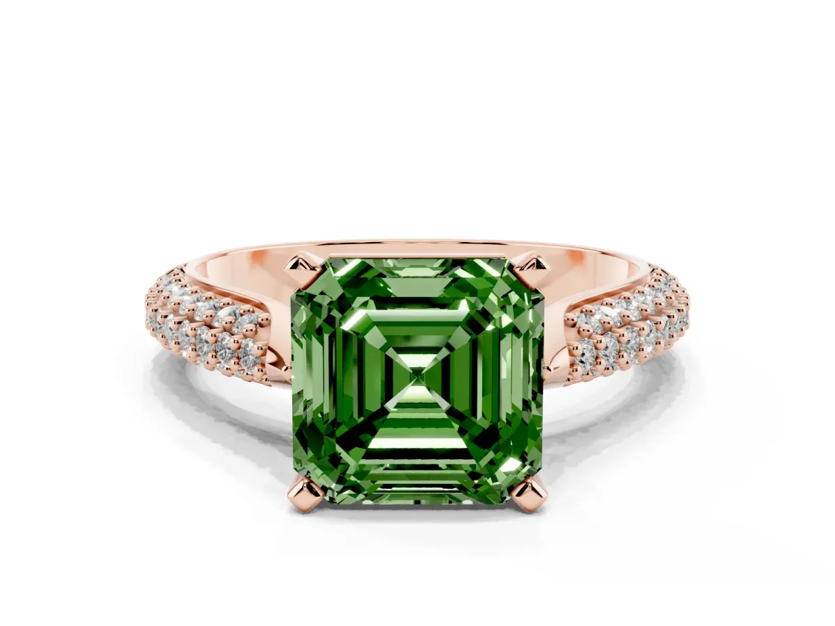Fancy Green Asscher Cut Diamond Solitaire Engagement Ring with Multi-Row Round Pavé Band and Prong Setting Rose gold