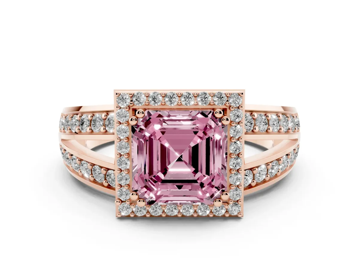 Fancy Pink Asscher Cut Diamond Halo Ring with Split Shank Pavé Band and Four-Prong Setting Rose gold