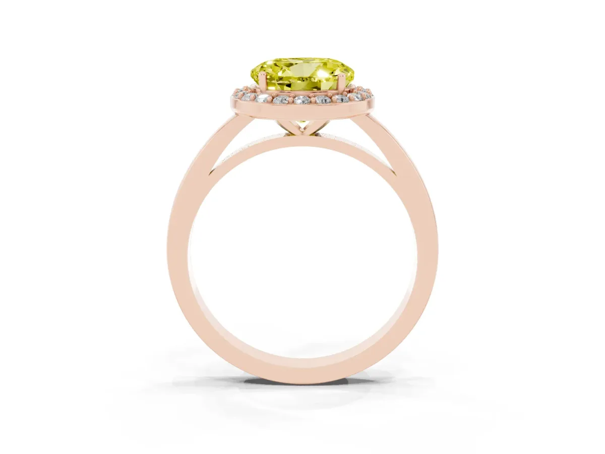 Fancy Yellow Round Cut Halo Diamond Ring with Solitaire Band and Prong Setting Rose gold