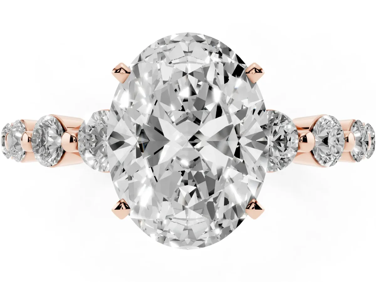 Oval Cut Solitaire Diamond Ring with Pave Band and Four-Prong Setting Rose gold
