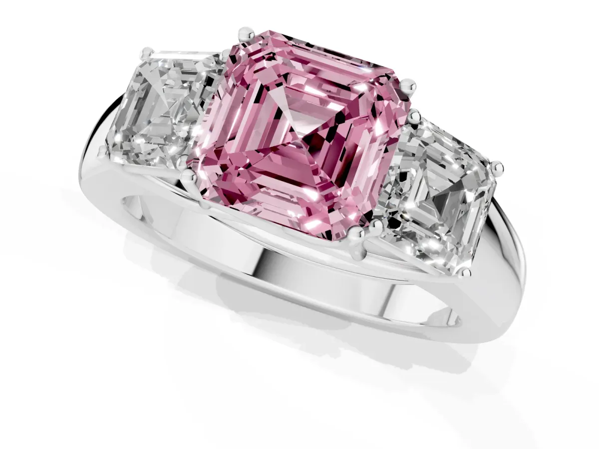 Fancy Pink Three-Stone Asscher Cut Cut Diamond Ring with Prong Setting and Classic Band Silver